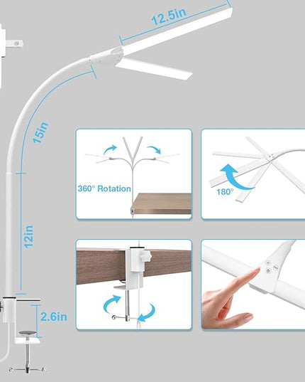 LED Desk Lamp, Double Head Desk Lamps for Home Office, Dimmable 25 Lighting Modes Bright Desk Lighting,12W 1400lm Eye-Caring Architect Table Lamp for Workbench Monitor Reading Study, White - LeafyLoom