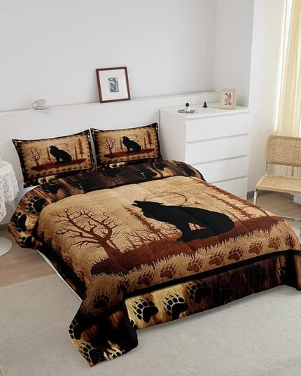 Feelyou Cute Wolf Comforter Set for Girls Boys Kids Wolves Howling Bedding Set Room Decorative Animal Wolves Tree Pattern Bedding Set Exotic Style Brown Black Duvet Set Queen Size 3Pcs Quilt Set - LeafyLoom