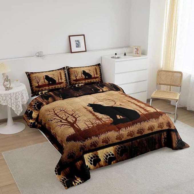 Feelyou Cute Wolf Comforter Set for Girls Boys Kids Wolves Howling Bedding Set Room Decorative Animal Wolves Tree Pattern Bedding Set Exotic Style Brown Black Duvet Set Queen Size 3Pcs Quilt Set - LeafyLoom