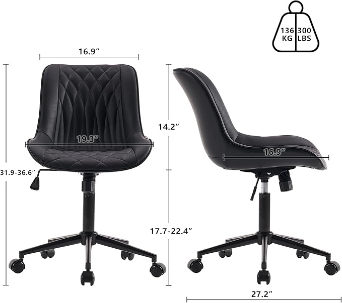 YOUNIKE Desk Chair with Wheels Armless Office Chair Swivel Rolling Task Chair with Back Upholstered Faux Leather Computer Chair Height Adjustable Modern Ergonomic Seat, Loads 300 lbs, Black - LeafyLoom