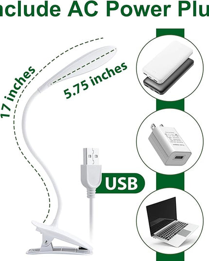 LED Desk Lamp Eye-caring Clamp Light Clamp Lamps Reading Lights with USB Port, 360°Flexible Gooseneck Bed Night Light (Include AC Power Plug) - LeafyLoom