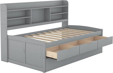Twin Size Captain Bed with 3 Storage Drawers and Trundle, Wood Twin Bed Frame with Built-in Bookshelves for Kids Teens Adults, Light Gray - LeafyLoom