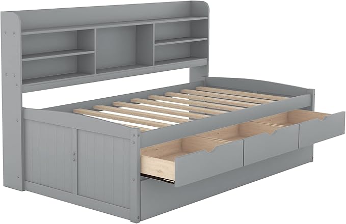 Twin Size Captain Bed with 3 Storage Drawers and Trundle, Wood Twin Bed Frame with Built-in Bookshelves for Kids Teens Adults, Light Gray - LeafyLoom