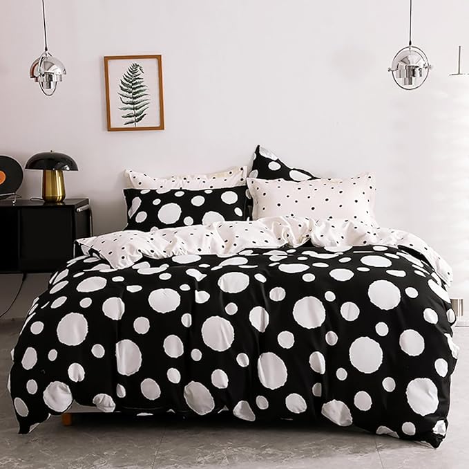 White Polka Dots Comforter King Black White Dots Print Reversible Gingham King Bedding Comforter Set Boys Girls Black White Bed Sets Soft 3Pcs King Comforter Sets - LeafyLoom