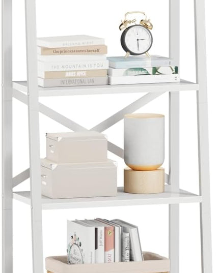 Furologee 5-Tier Ladder Shelf with 2 Drawers,Narrow Bookshelf Storage Shelves,Industrial Bookcase Freestanding Shelf Units for Bedroom,Living Room,Bathroom,Home Office,Balcony,Wood Metal, White - LeafyLoom