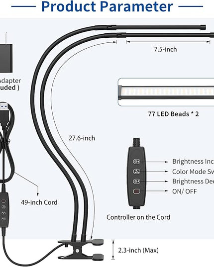 iZELL Desk Lamp, [2 LED Tube] Desk Lamps for Home Office with Clamp, Flexible Gooseneck LED Book Light, Easy Clip on Reading Lights for Bedrooms Beside Table Headboard College Dorm Bed Room - Black - LeafyLoom