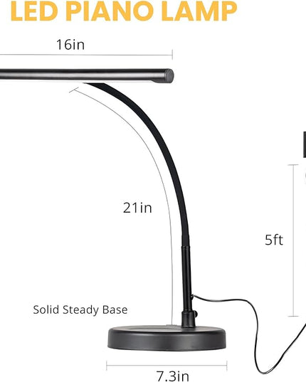 Piano Light, 16'' Head, 20'' Neck, Adjustable Height and Direction, Music Stand Light, LED Piano Lamp, 3 Color Modes, 10 Brightness Levels, Metal, Black - LeafyLoom