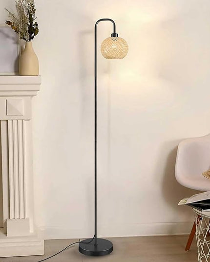 Boho Floor Lamp for Living Room, Industrial Standing Lamp with Handmade Rattan Natural Bamboo Lantern Mini Shade, Tall Pole Light with E26 Socket for Bedroom, Farmhouse,Black(NO Bulb) - LeafyLoom