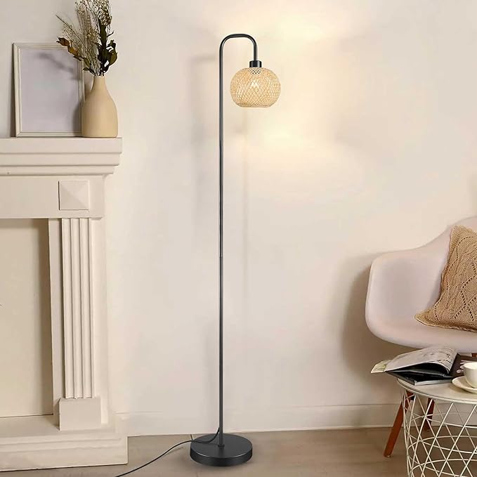 Boho Floor Lamp for Living Room, Industrial Standing Lamp with Handmade Rattan Natural Bamboo Lantern Mini Shade, Tall Pole Light with E26 Socket for Bedroom, Farmhouse,Black(NO Bulb) - LeafyLoom