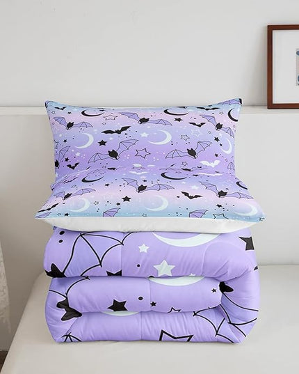 Feelyou Halloween Comforter Rainbow Comforter Set for Boys Girls Children Bat Moon Star Print Bedding Set Halloween Theme Purple Gradient Style Room Decor King Size Duvet Set 3Pcs - LeafyLoom