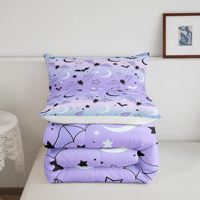 Feelyou Halloween Comforter Rainbow Comforter Set for Boys Girls Children Bat Moon Star Print Bedding Set Halloween Theme Purple Gradient Style Room Decor King Size Duvet Set 3Pcs - LeafyLoom