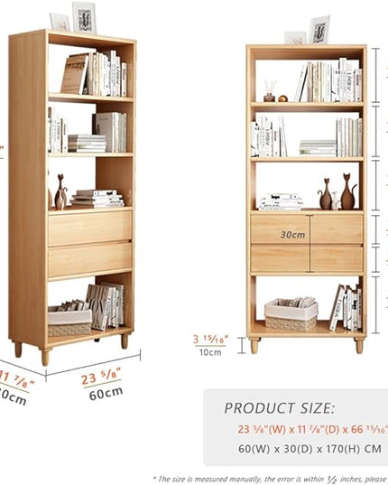 IOTXY Floorstanding Wooden Bookcase with Legs - 67" Tall Open Shelves Cube Billy Bookshelf with Drawers for Home and Office, Grey - LeafyLoom