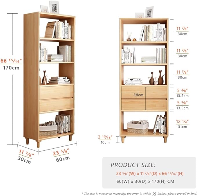 IOTXY Floorstanding Wooden Bookcase with Legs - 67" Tall Open Shelves Cube Billy Bookshelf with Drawers for Home and Office, Grey - LeafyLoom