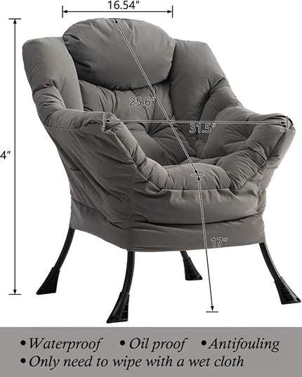 AcozyHom Modern Fabric Large Lazy Chair, Accent Oversized Comfy Reading Chair, Thick Padded Cozy Lounge Chair with Armrest, Steel Frame Leisure Sofa Chair for Living Room, Bedroom, Dorm, Grey - LeafyLoom