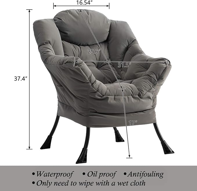 AcozyHom Modern Fabric Large Lazy Chair, Accent Oversized Comfy Reading Chair, Thick Padded Cozy Lounge Chair with Armrest, Steel Frame Leisure Sofa Chair for Living Room, Bedroom, Dorm, Grey - LeafyLoom