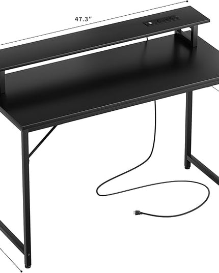47 inch Computer Desk with Power Outlets, Gaming Desk with LED Lights, Home Office Work Desk with Monitor Shelf, Modern Office Desk Study Writing Table for Small Spaces, Black - LeafyLoom