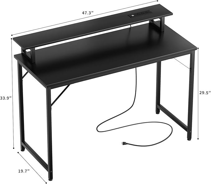 47 inch Computer Desk with Power Outlets, Gaming Desk with LED Lights, Home Office Work Desk with Monitor Shelf, Modern Office Desk Study Writing Table for Small Spaces, Black - LeafyLoom