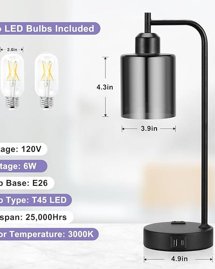 Innqoo Industrial Touch Bedroom Lamps for Bedrooms Set of 2-3-Way Dimmable Table Lamps with USB C+A Ports and Outlet, Bedside Lamps with Gray Glass Shade for Living Room, Desk Lamps for Home Office - LeafyLoom