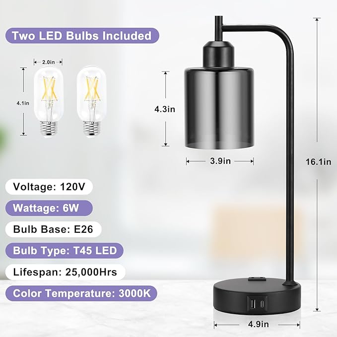 Innqoo Industrial Touch Bedroom Lamps for Bedrooms Set of 2-3-Way Dimmable Table Lamps with USB C+A Ports and Outlet, Bedside Lamps with Gray Glass Shade for Living Room, Desk Lamps for Home Office - LeafyLoom