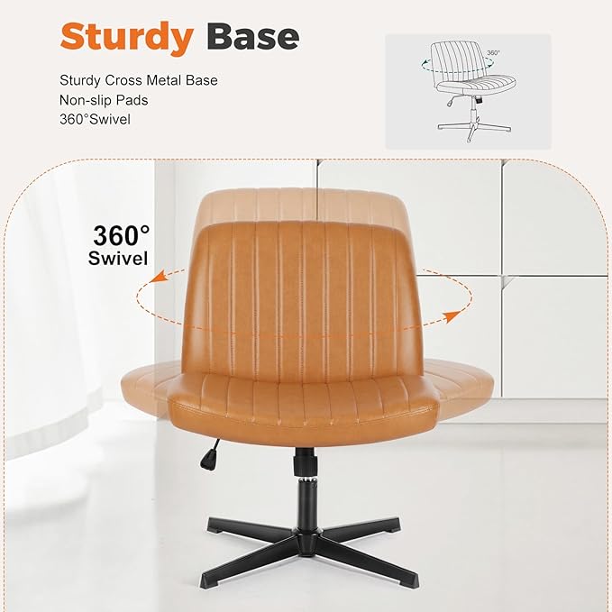Sweetcrispy Cross Legged Office Chair, Criss Cross Chair Armless Wide Desk Chair No Wheels, Adjustable Swivel Home Office Vanity Chair - LeafyLoom