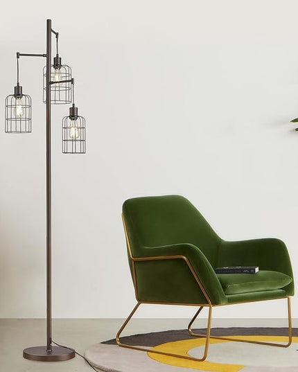 Upgraded Stepless Dimmable Tree Floor Lamp, 3 LED Edison Bulbs Included, ELYONA Farmhouse 71” Tall Pole Reading Standing Light with Industrial Cage Metal Shade for Bedroom, Living Room, Office, Bronze - LeafyLoom