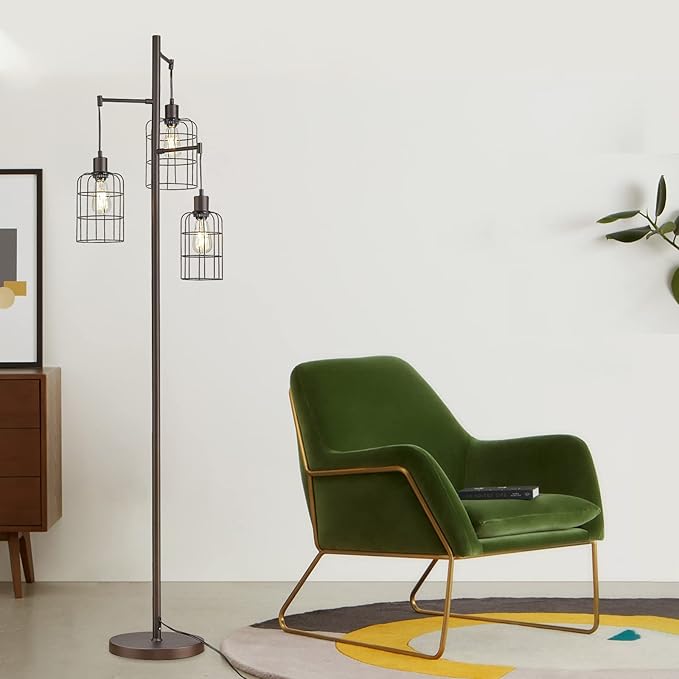 Upgraded Stepless Dimmable Tree Floor Lamp, 3 LED Edison Bulbs Included, ELYONA Farmhouse 71” Tall Pole Reading Standing Light with Industrial Cage Metal Shade for Bedroom, Living Room, Office, Bronze - LeafyLoom