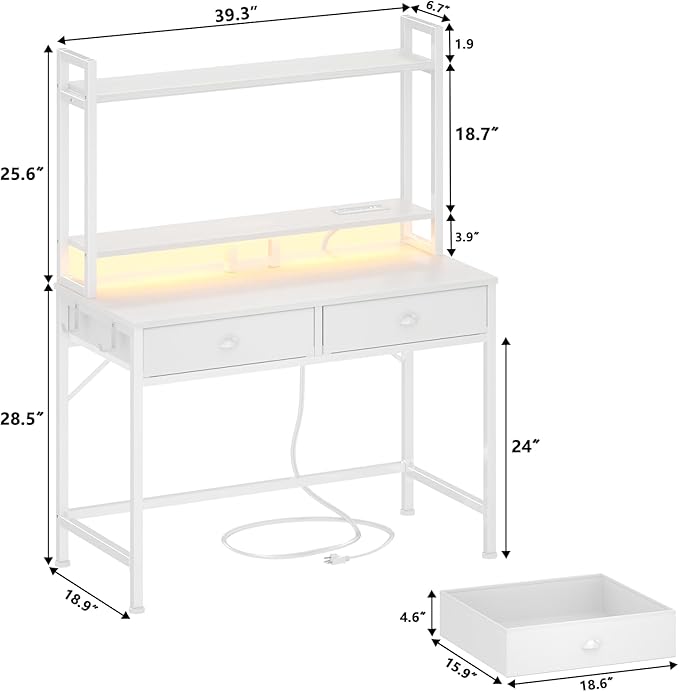 Furologee Small White Computer Desk with Power Outlet and 2 Fabric Drawers, 40" Makeup Vanity Desk with LED Light, Home Office Desk with Monitor Stand, Gaming Desk with Hutch for Small Space - LeafyLoom