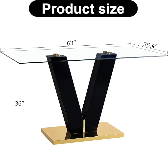 63.00" Modern Glass Table with Rectangular Tempered Tabletop,Dinner Desk Set for 6-8 People W, Home,Kitchen,Dining Room,Office,Black+Clear Finish, 63" V-Shape Bracket - LeafyLoom