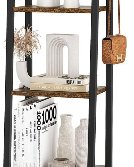 YMYNY 5 Tiers Ladder Bookcase, Industrial Narrow Bookshelf, Open Display Rack with 4 S Hooks, Metal Storage Shelves for Bedroom, Home Office, Living Room, Rustic Brown, 63H*13.4L*11.8W, UHBC025H - LeafyLoom