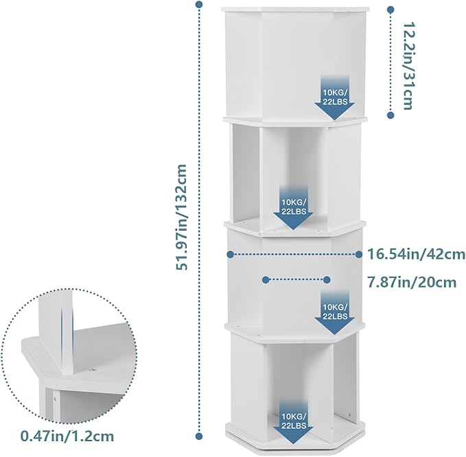 4 Tier Rotating Bookshelf, Wooden Spinning Bookshelf Tower, 360 Display Revolving Bookshelf Floor Standing Corner Narrow Revolving Bookcase for Living Room, Bedroom, White - LeafyLoom