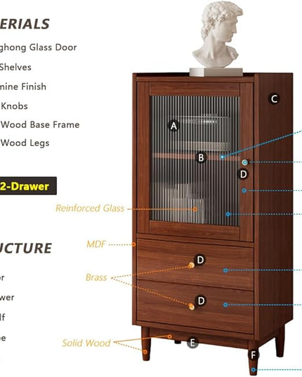 Wooden Glass Door Bookcase - 2-Tier Cube Bookshelf Storage Cabinet with Double Drawer and Adjustable Shelf, Solid Wood Legs Cupboard in Dark Walnut - LeafyLoom