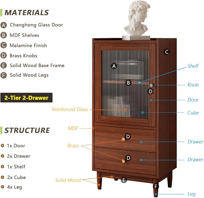 Wooden Glass Door Bookcase - 2-Tier Cube Bookshelf Storage Cabinet with Double Drawer and Adjustable Shelf, Solid Wood Legs Cupboard in Dark Walnut - LeafyLoom
