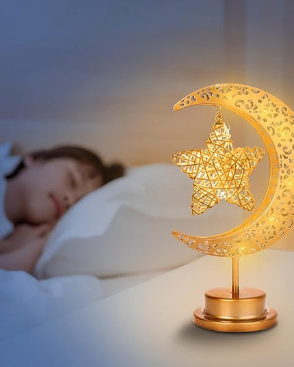 HEDAQI Enchanted Lunar Star Table Lamp, Cordless Battery Operated LED Crescent Moon Light, Hanging Star Lamp Decorative Night Light Home Bedroom Decor - LeafyLoom
