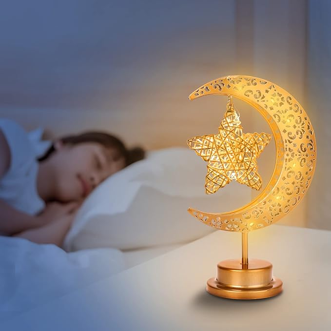 HEDAQI Enchanted Lunar Star Table Lamp, Cordless Battery Operated LED Crescent Moon Light, Hanging Star Lamp Decorative Night Light Home Bedroom Decor - LeafyLoom