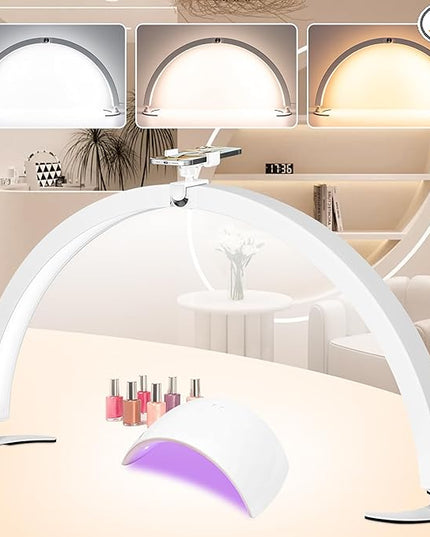 HITTI Half Moon Light for Nail Desk with Phone Holder, Foldable Nail Tech Light, Lash Table Lamp with Wire Controller & Remote, 7 Color Modes 10 Brightness for Extension Tattoo Craft Beauty - White - LeafyLoom