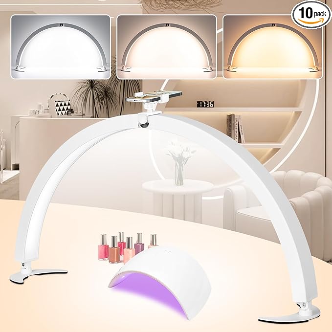 HITTI Half Moon Light for Nail Desk with Phone Holder, Foldable Nail Tech Light, Lash Table Lamp with Wire Controller & Remote, 7 Color Modes 10 Brightness for Extension Tattoo Craft Beauty - White - LeafyLoom