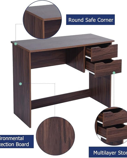 Home Office Computer Desk, 35.4" Small Study Writing Table, with Storage Drawers, Modern Teen Student Adult PC Table Desk, Walnut - LeafyLoom