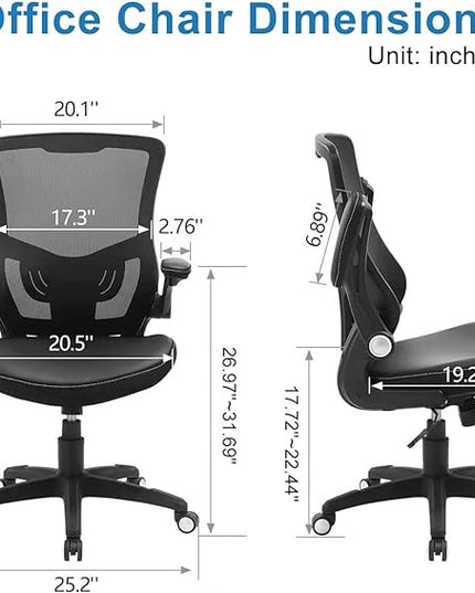 Office Chair Ergonomic Desk Chair, Computer PU Leather Home Office Chair, Swivel Mesh Back Adjustable Lumbar Support Flip-up Arms Executive Task Chair - LeafyLoom