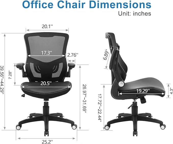 Office Chair Ergonomic Desk Chair, Computer PU Leather Home Office Chair, Swivel Mesh Back Adjustable Lumbar Support Flip-up Arms Executive Task Chair - LeafyLoom