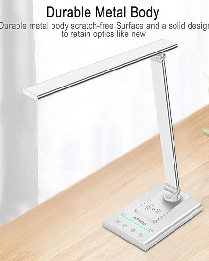 AFROG 5th Gen Multifunctional LED Desk Lamp with 10W Fast Wireless Charger, USB Charging Port,1800Lux Super Bright,5 Lighting Mode,7 Brightness, Touch Control, Auto Timer, 15W Office Table Lamp - LeafyLoom