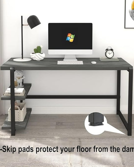 Industrial Computer Desk with Shelves, 55 inch Rustic Wood and Metal Work Study Writing Table for Home Office, Grey - LeafyLoom