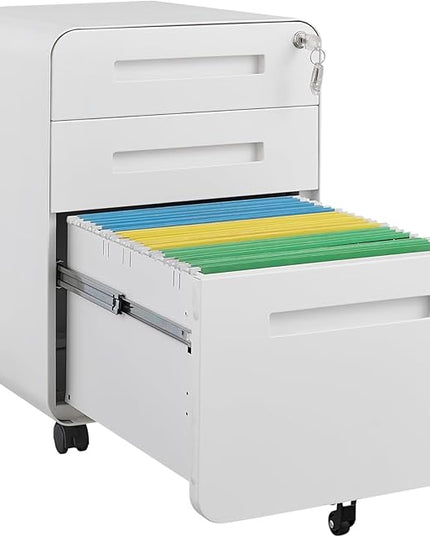 3 Drawer Mobile Desk Office with Lock and Wheels,Versatile Storage Cabinets w/Anti-Tilting Cold Rolled Steel Waterproof Moisture-Proof,for Legal/Letter/A4 Files,White - LeafyLoom