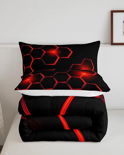 Honeycomb Kids Comforter Set Modern Geometry Hexagon Bedding Set for Boys Children Teens Bedroom Decor Geometrical Comforter Beehive Geometric Black Red Duvet Set Queen Size with 3 Pillow Case - LeafyLoom