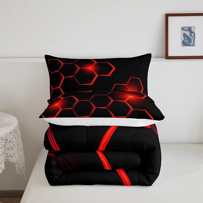 Honeycomb Kids Comforter Set Modern Geometry Hexagon Bedding Set for Boys Children Teens Bedroom Decor Geometrical Comforter Beehive Geometric Black Red Duvet Set Queen Size with 3 Pillow Case - LeafyLoom