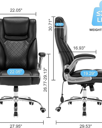 Executive Office Chair Desk Swivel Chair High Back Computer Chair - Adjustable Lumbar Support with Flip-Up Arms PU Leather Chair with Spring Cushion (Black) - LeafyLoom