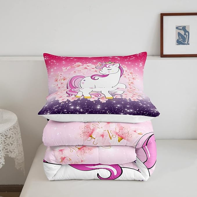 Unicorn Comforter Set Twin Glitter Bedding Set Cherry Blossoms Duvet Insert Kids Cartoon Kawaii Animal Down Comforter Ombre Galaxy Stars Fantasy Girls Room Decor Quilt Set Aesthetic Pink Purple - LeafyLoom