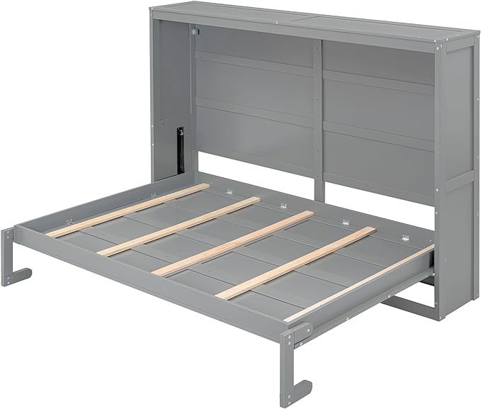Merax ModernMurphy Cabinet Bed, Solid Wood Wall Platform Bed/No Box Spring Needed/Easy Assemble/Full,Gray - LeafyLoom