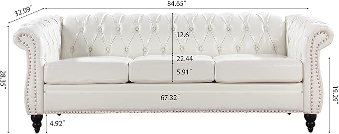 3-Seaters Living Room Clasic Chesterfield Sofa Couch Button Tufted PU Leather Upholstered Sofa&Couch with Luxury Roller Armrest Soild Wood Legs Movable Cushions & Nailhead Decor - LeafyLoom