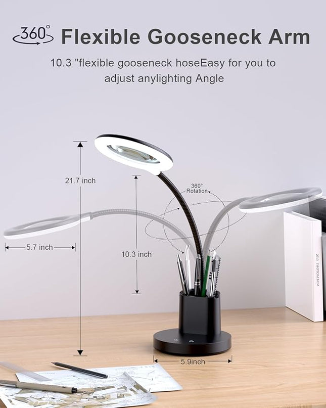 Sailstar Magnifying Glass with Light, 5X Magnifying Lamp, 3 Color Modes Lighted Magnifying Glass, LED Desk Lamp, Pen Holder, Flexible, 800LM, CRI 90, Magnifier with Light for Crafts Close Work, Black - LeafyLoom