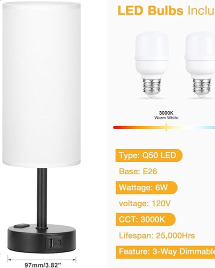 White Bedroom Lamps Set of 2-3 Way Dimmable Touch Table Lamps with USB C and A Ports, Bedside Lamps for Nightstand with AC Outlet, Small Desk Lamps with Black Base for Office Hotel - LeafyLoom